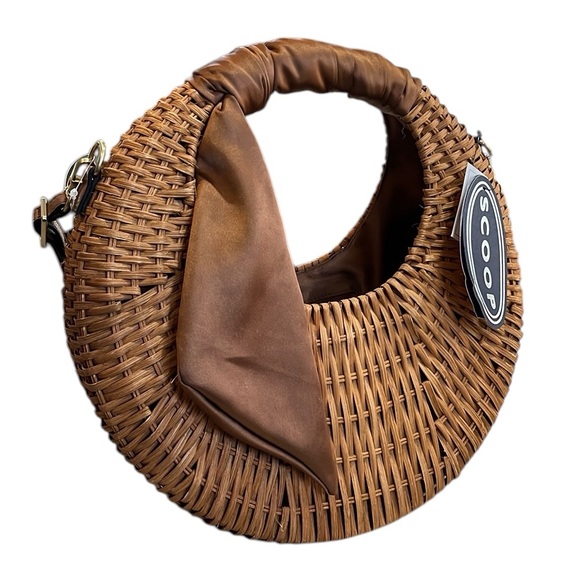 Scoop NYC Handbags - SCOOP LARGE STRAW CRESCENT CROSSBODY WITH SCARF ACCENT BROWN